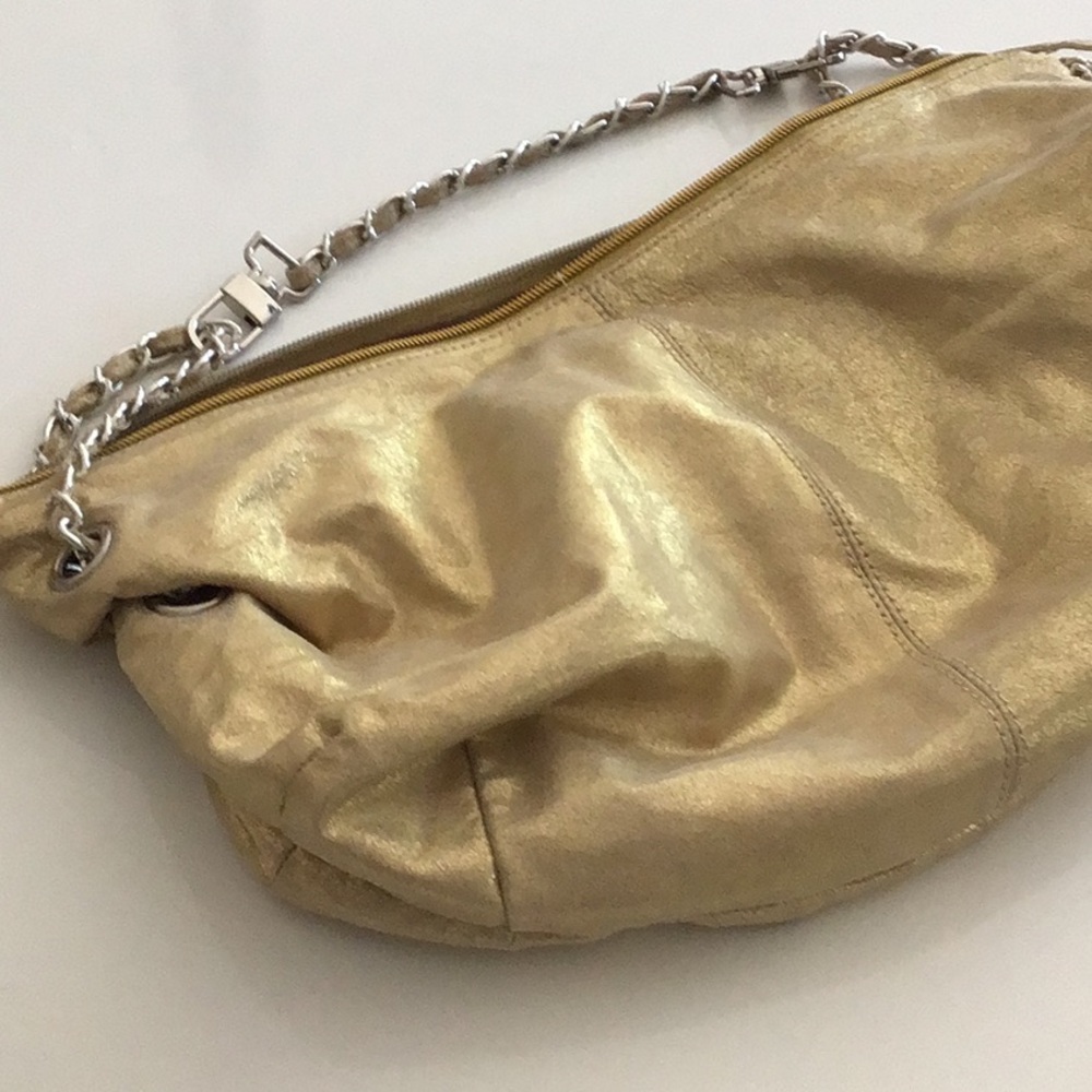 Bagtique gold metallic hobo bag with chain strap.
